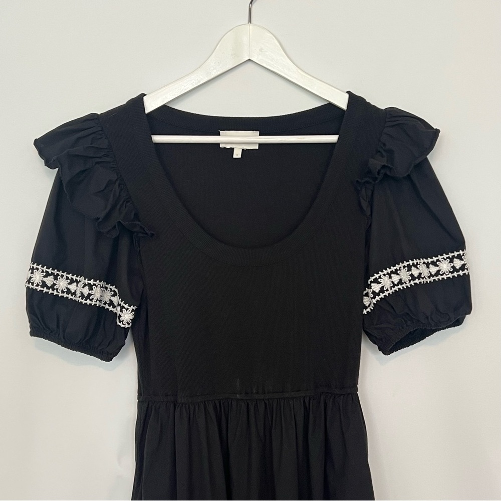 Cleobella Selma Black Midi Dress Puff Sleeve Embroidered Boho Cotton Size S - Picture 8 of 13